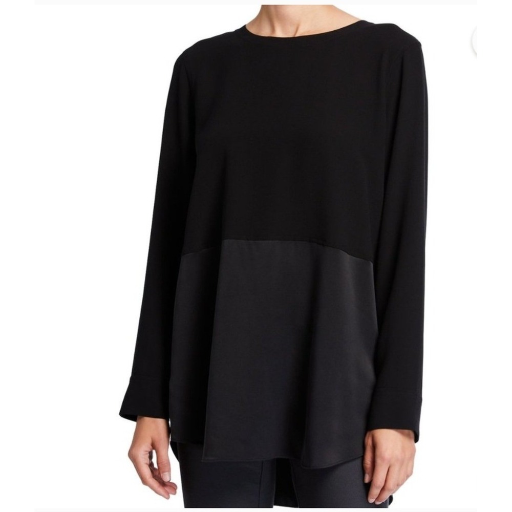 Eileen Fisher Silk Tunic Top Womens S/P Black Excellent Mixed Media Long‎ Sleeve